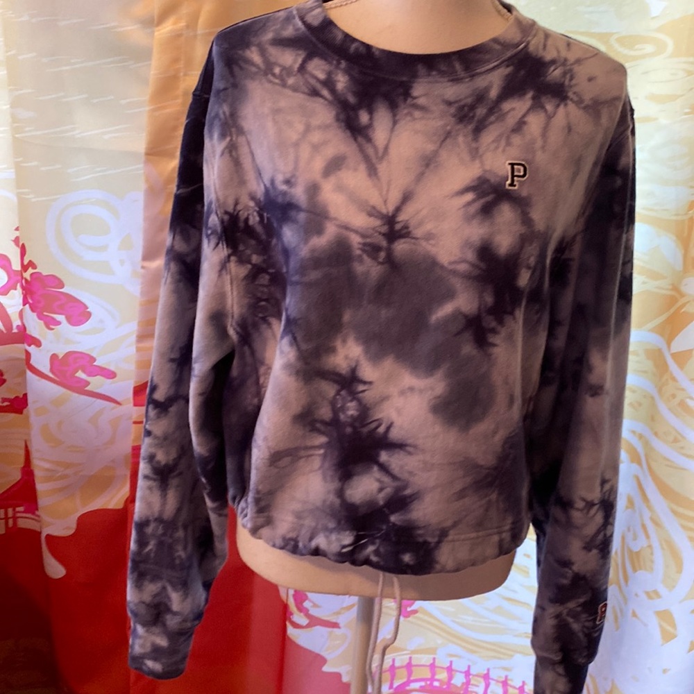 PINK VICTORIA SECRET TIE DYE CROP TOP BLUE SWEATSHIRT DRAWSTRING WAIST SMALL